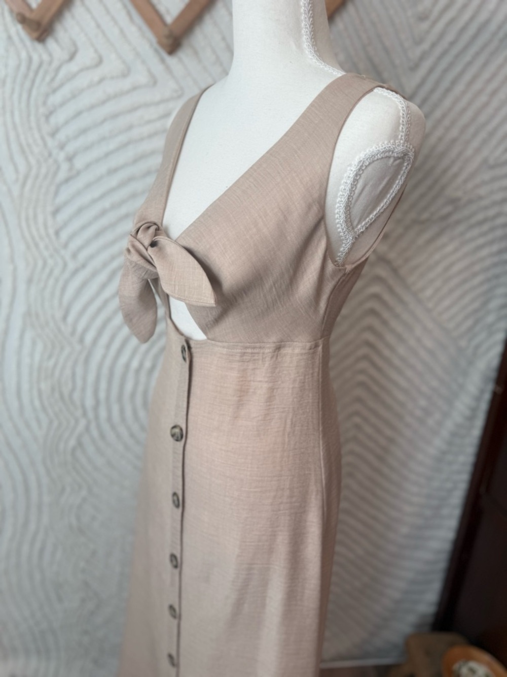 Blue Blush tan colored Tie-Front Button-Down Midi linen blend Dress - Picture 7 of 12